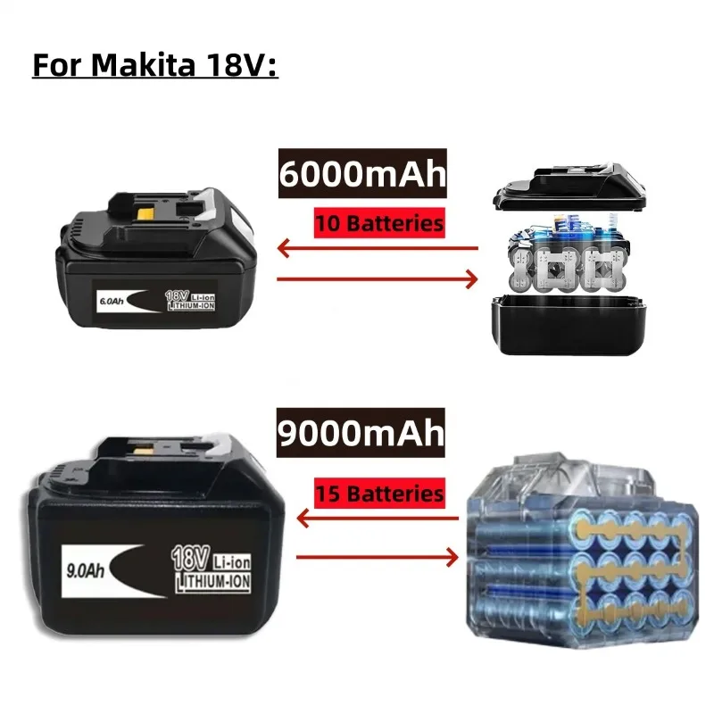 For Makita Lithium Ion Replacement Battery with LED, 18V, 6.0Ah/9.0Ah, LXT, BL1860B, BL1860, BL1850, Rechargeable Power Tool