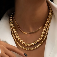 3PC Multilayer Flat Snake Chain Necklace Women Vintage Beads Golden Beaded Necklaces Girls Party Fashion Jewelry