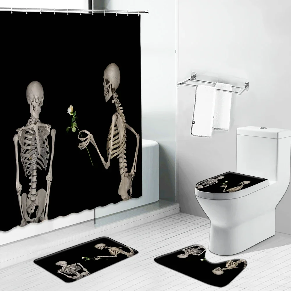 Funny Skull Skeleton Print Shower Curtain Set Halloween Festival Home Decor Bath Mat Toilet Lid Cover Flannel Bathroom Carpet