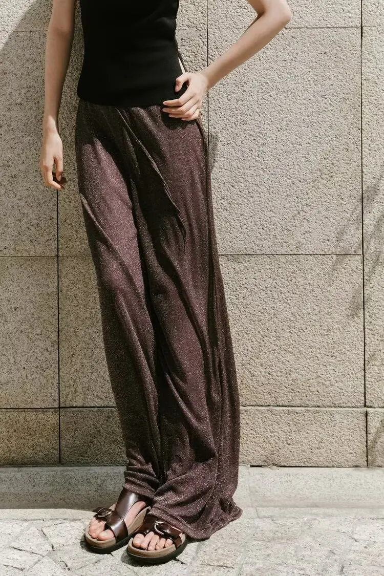 

BB6720 ZA25 Autumn New Women's French Casual Style Long Tie up Metallic Line Middle Waist Wide Leg Pants 2180505