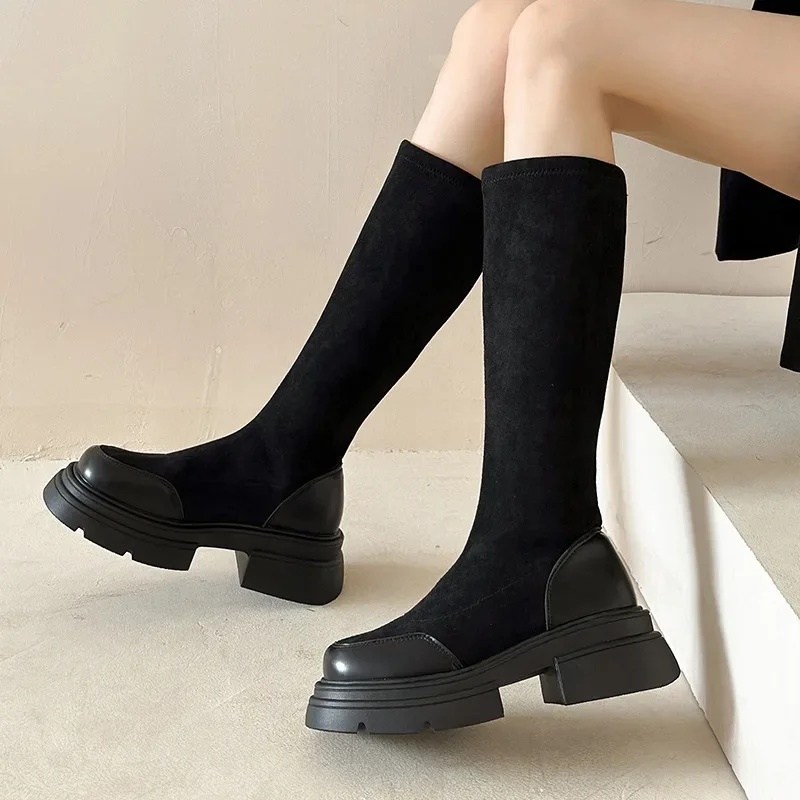 

Winter Elastic Fabric Woman High Boots Fashion Side Zippers Ladies Comfrot Platform Thick Bottom Long Boots Shoes Women's Boats