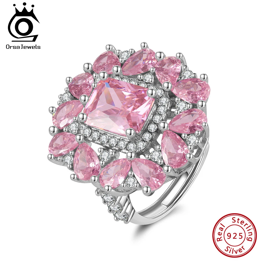 

ORSA JEWELS Cute Pink Crystal Stone Ring Charm 925 Sterling Silver Wedding Rings for Women Bride Flower Zircon Jewelry LZR25