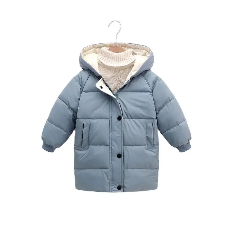 Kids Boys Girls Long Down Jackets Winter Thick Warm Hooded Outerwear Children Blue Waistcoat Coat Fashion Casual Clothing 4-10 Y