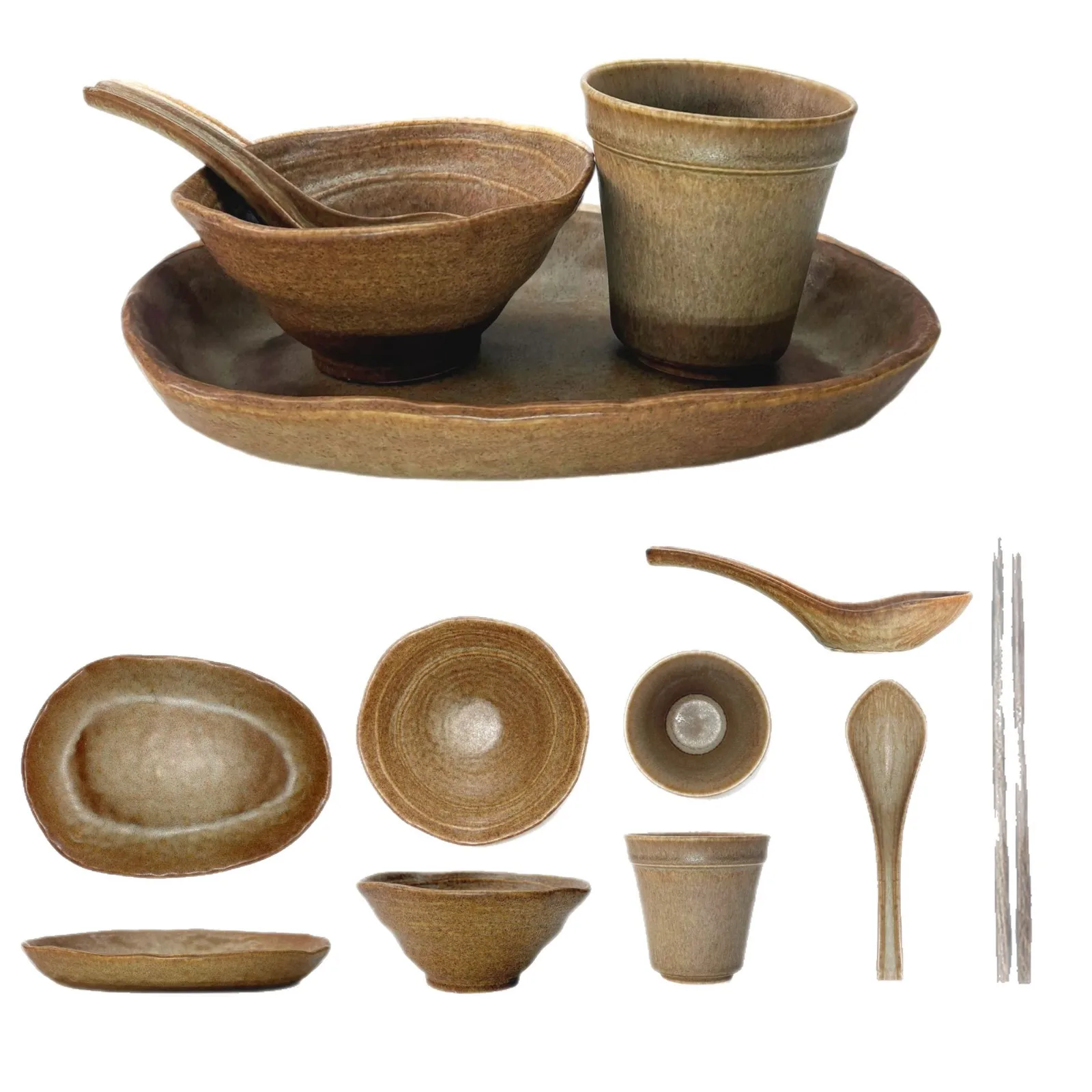 HYS ceramic table four-piece creative retro mountain wind restaurant bone saucer water cup soup rice bowl spoon plate