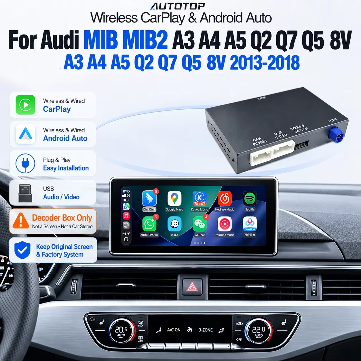AUTOTOP Decoder Wireless CarPlay Android Auto per Audi A3 S3 8V A4 A5 Q2 Q5 Q7 Sistema MIB MIB2 2013-2018 Interfaccia Video Modulo Smart Box di Retrofit con AirPlay Mirror Link Navigazione GPS BT
