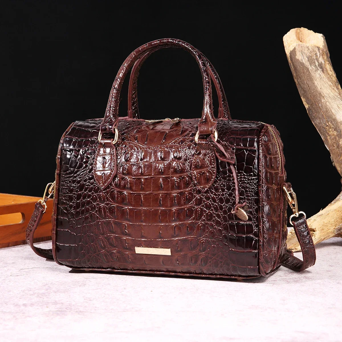 Ombre Crocodile Embossed Boston Handbag Classic Style Crossbody Bag Women's Leather Satchel Purse