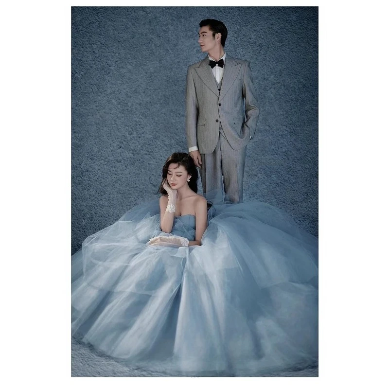 Vestidos de novia de línea A de Corea, vestido de noche Formal de tul de hadas con volantes y volantes para sesión de fotos de mujer azul, vestido de graduación con corsé personalizado