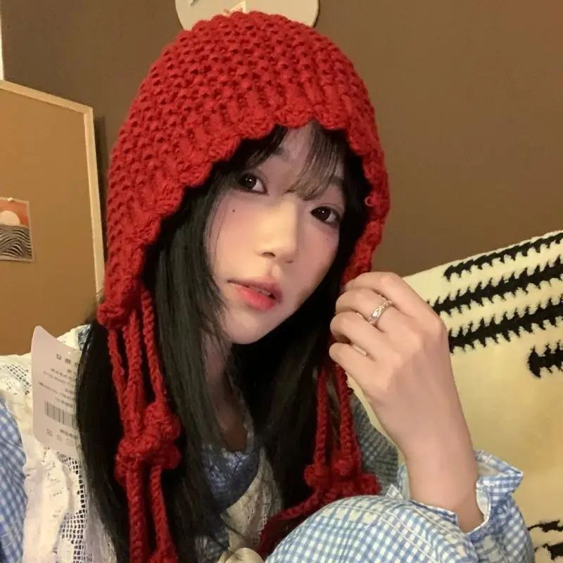 Christmas Winter Wool Tassel Knitted Ear Protection Hat For Women Winter Warm Crochet Earmuffs Caps Girl Pullover Beanie Bonnet
