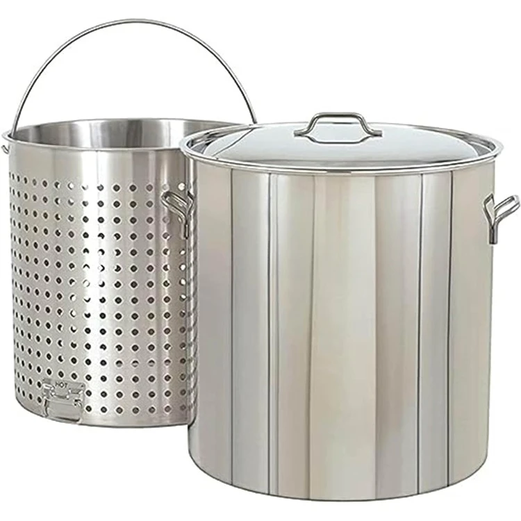 1182 Panela de aço inoxidável de 82 qt com cesta perfurada de aço inoxidável com alças de laço soldado pesado Tampa ventilada com cúpula perfeita