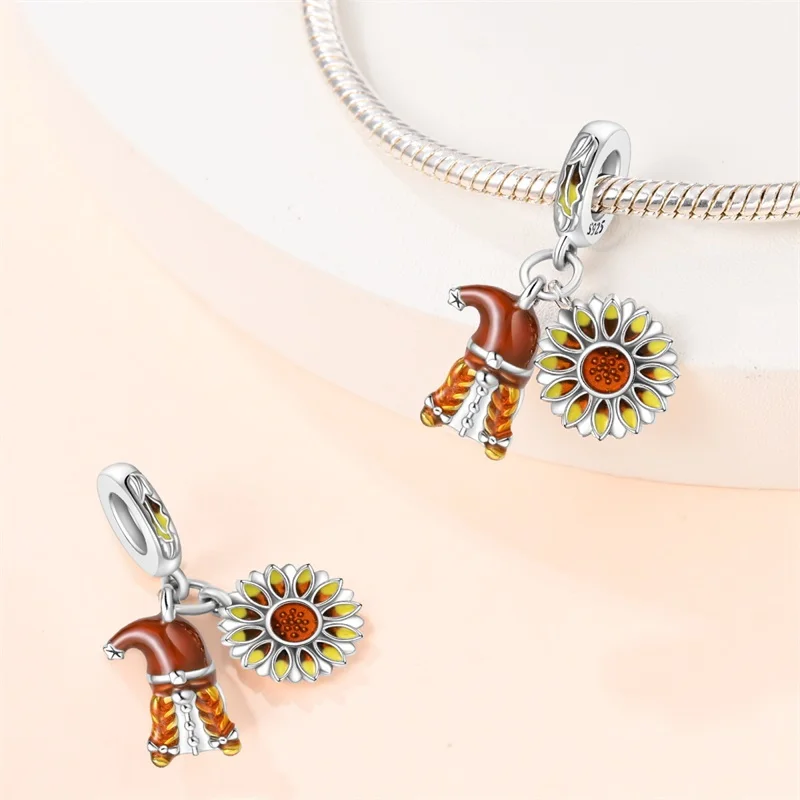 Hot Sales 925 Sterling Silver Autumn Harvest Sunflower Two‑Piece Set Charm Pendant Fit Original Bracelet DIY Women Jewelry Gifts