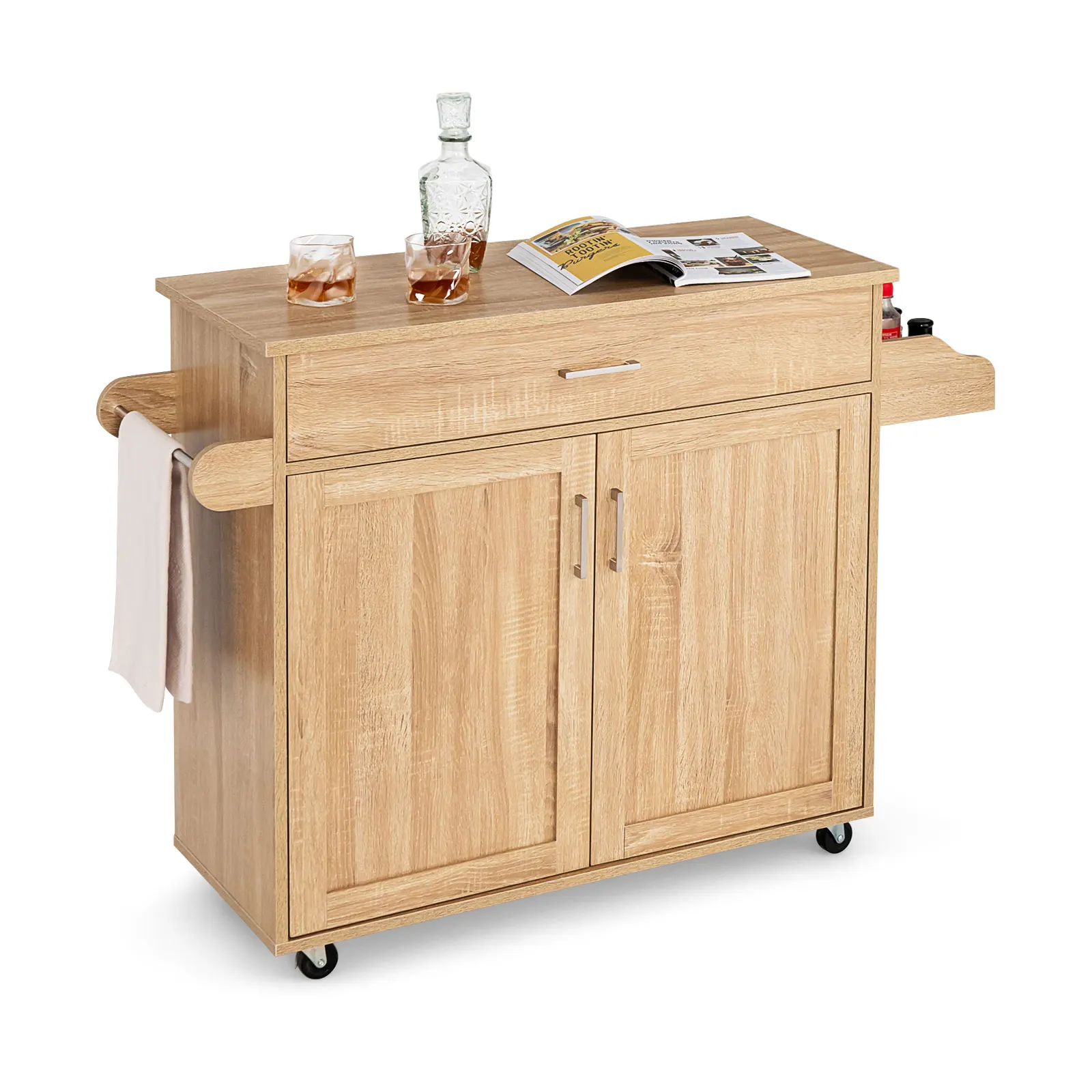 Dessert de Cuisine à roulettes Verrouillables, Ilot Central Cuisine Étagère Réglable sur 3 Niveaux, Grand Placard, Tiroir, Porte-épices et Porte-Serviettes, 40 x 116 x 85 cm Naturel