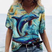 2023 Women's T-Shirts Dolphin Print Tops V Neck Fashion Female Vintage Clothing Aesthetics Tees Loose Oversized Funny T Shirts