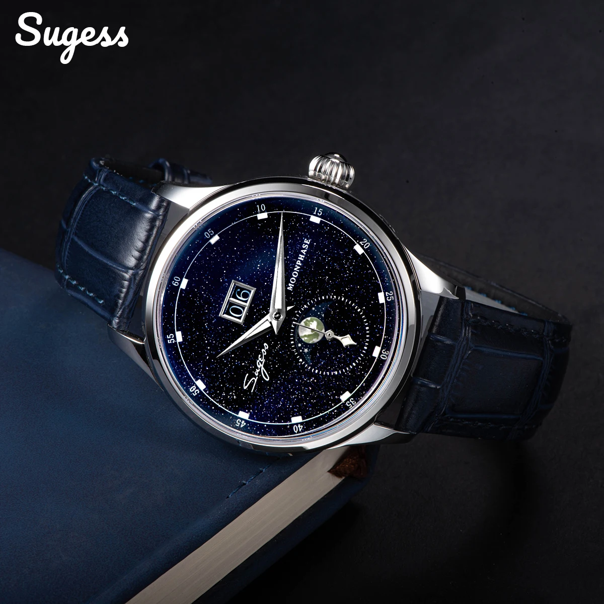 Sugess Moonphase Herrenuhr, 40 mm, automatische mechanische Armbanduhren, Origin ST2528, Uhrwerk, blaue Sandstein-Zifferblätter aus Edelstahl – Detail 4
