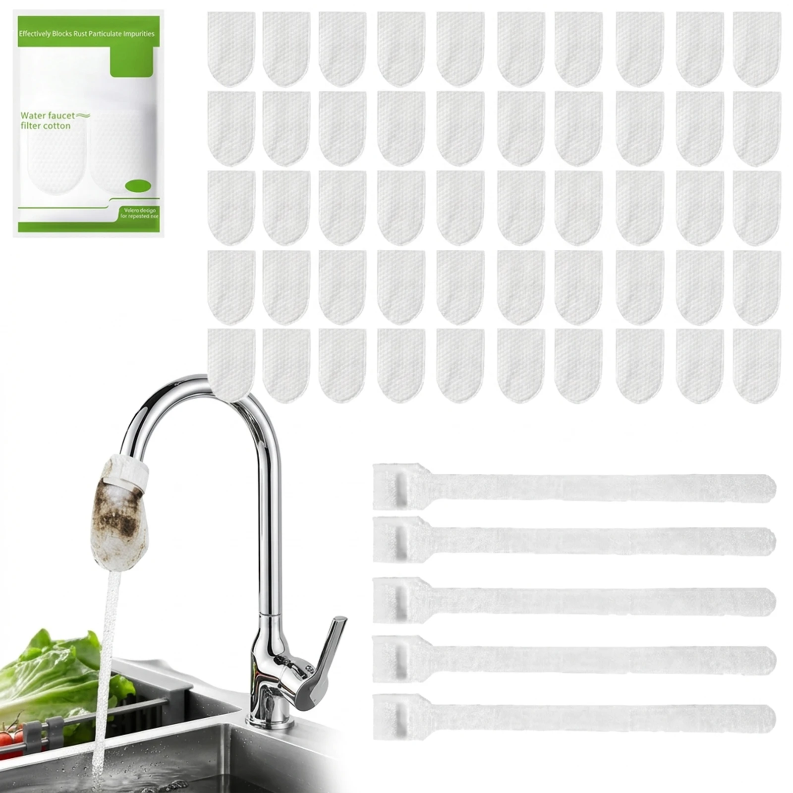 50pcs Faucet Filter Bag High-Density Fiber Cotton for Kitchen Sink Sediment Rust Remover Washable Water Purifier Cartridge