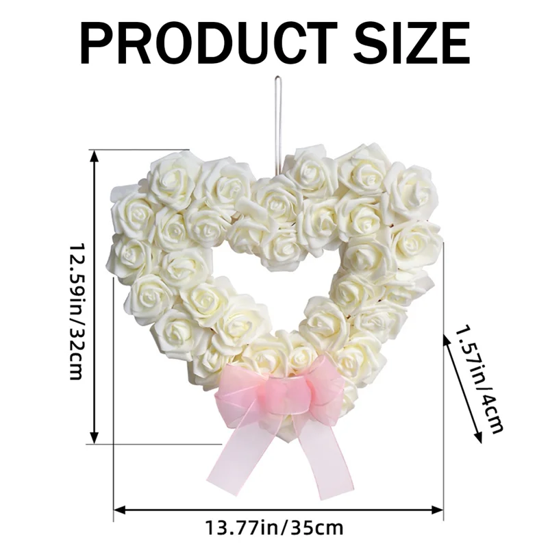 A59E-발렌타인 데이 하트 모양의 화환 꽃 장미 화환 문 화환 발렌타인 데이 장식, 흰색, 13.77 인치 Durab