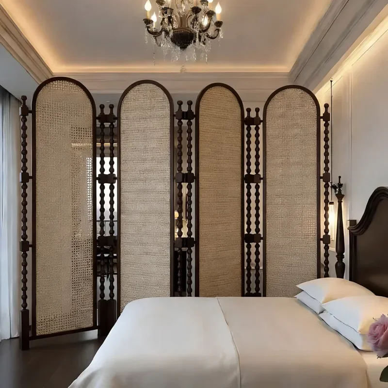 for French Style Rattan Folding Screen Solid Wood Home Entrance Living Room Decoration Partition Screen Customizable