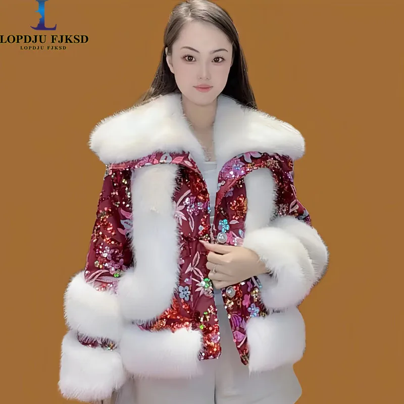 Faux Fur Coats for Women,Single Breasted Jacket,Turn-down Collar Female Clothes,Thicken Warm,High Quality,Sequins,New, Winter