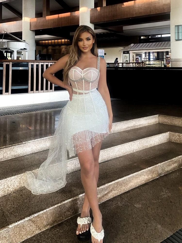 Summer White Diamond-Embedded Two Piece Set Women Strap Lace Mesh Sequins Top+ Mini Draped Skirt Set Nightclub Party Outfits