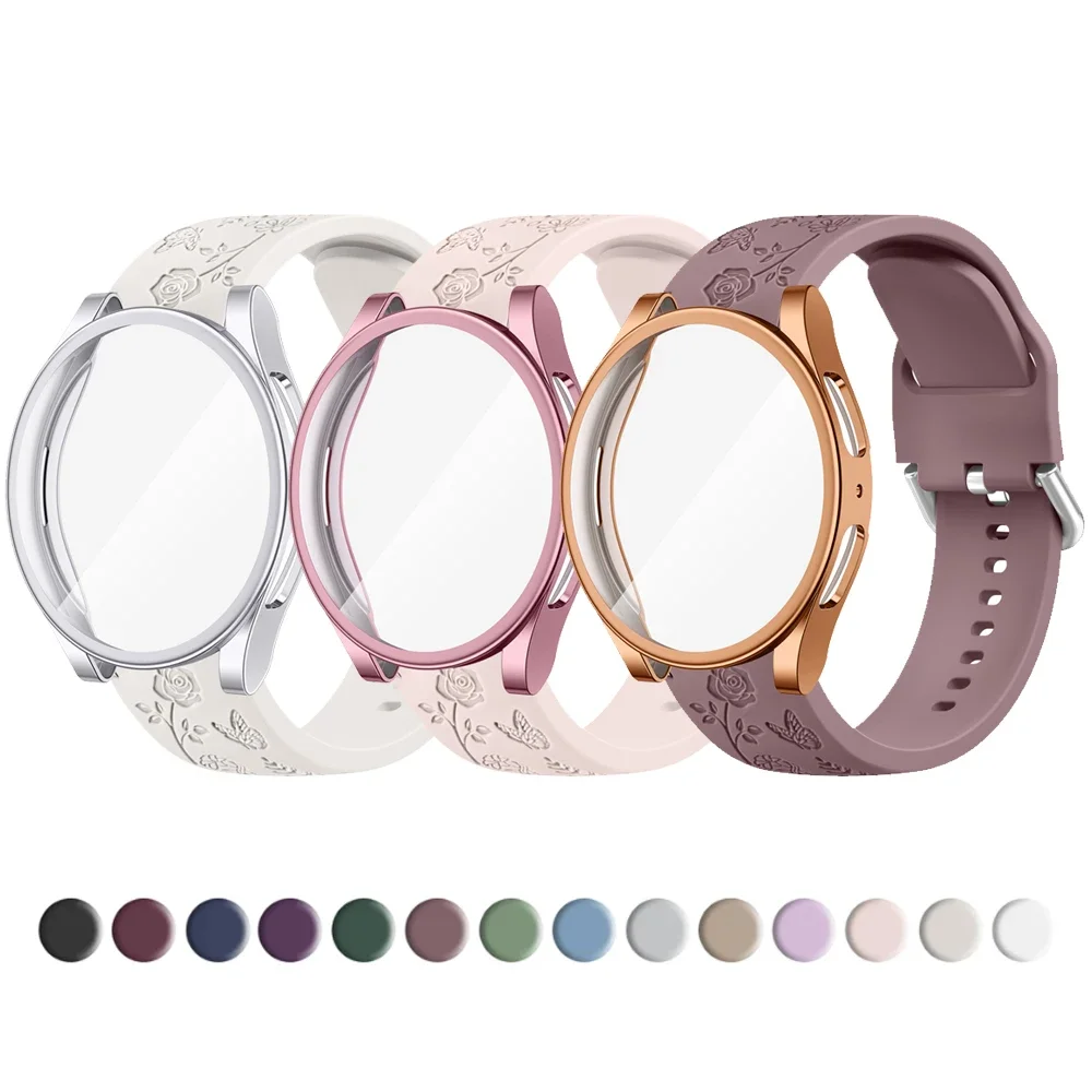 

Чехол + ремешок с цветочной гравировкой для Samsung Galaxy Watch 4 5 6 7 40 мм 44 мм, защитный чехол из ТПУ для Galaxy Watch 7