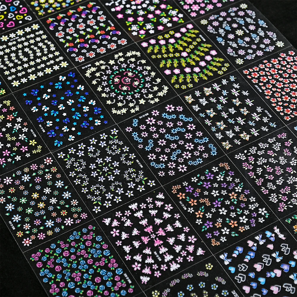 3D Colorful Flowers Cherry Blossoms Rose Daisy Nail Decals 20/30/60/70/90pcs Cute Heart Nail Sticker Manicure Decoration 5.5*6cm