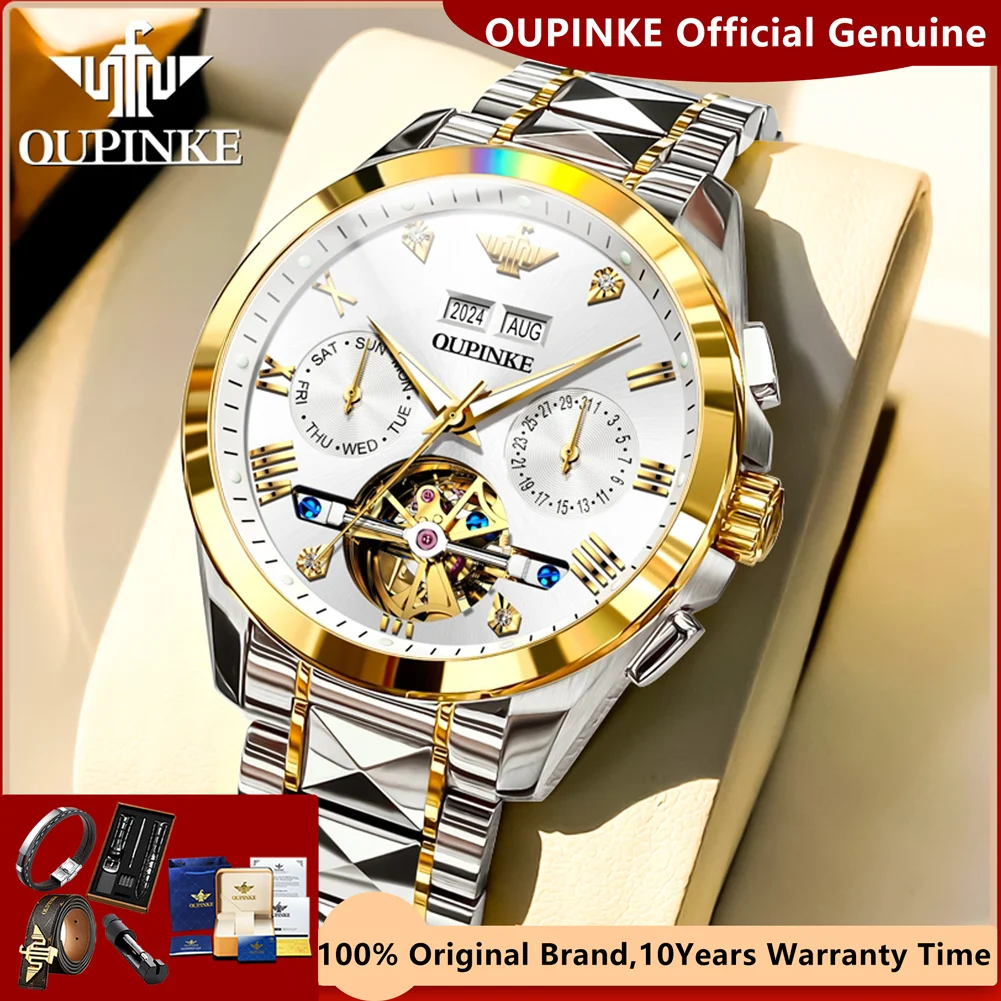 OUPINKE Original Automatic Mechanical Watch for Men High-end Tourbillon Skeleton Men's Watches Top Luxury Man Dress Wristwatches