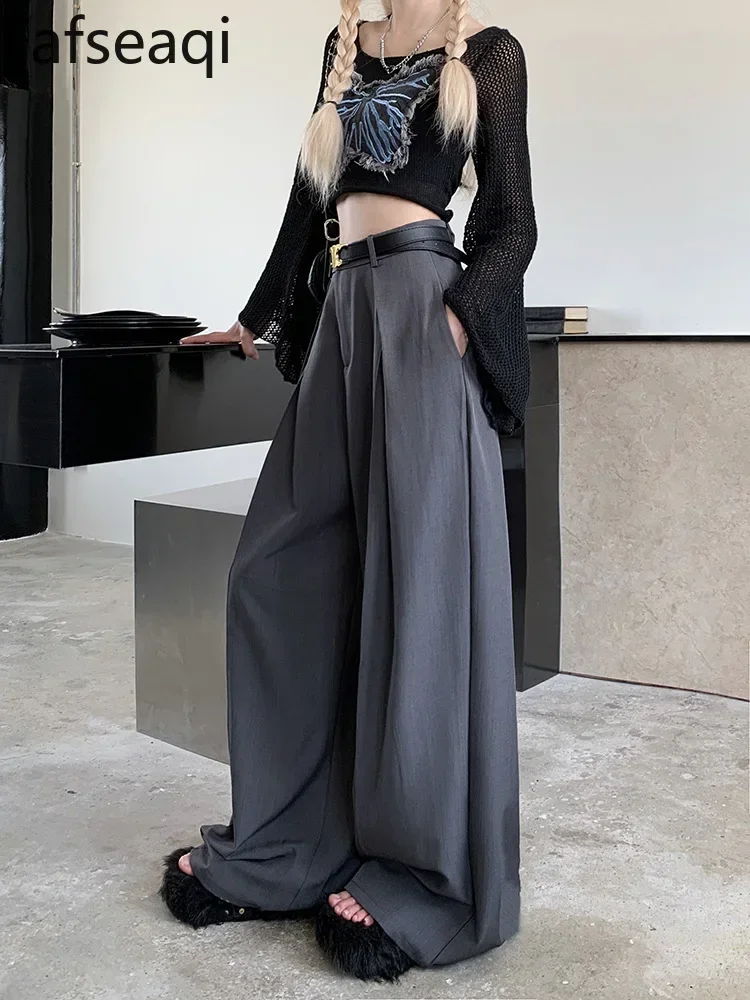 Khaki Wide Leg Trousers for Women 2024 Autumn High Waist Loose Draped Full Pants with Folds Baggy Women's Straight Suit Pants