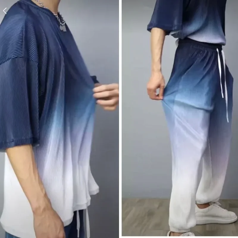 Calça de moletom masculina t camisa conjuntos de seda gelo regular ajuste marcas originais magro estiramento básico t de duas peças legal calças masculinas conjunto