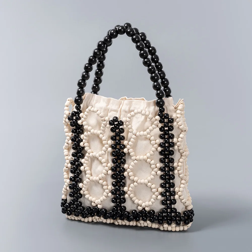 

Women Woven Hand Bag Exquisite Design Hollow-out Wooden Bead Tote Small Beaded Bag Female Summer Beach Handbag