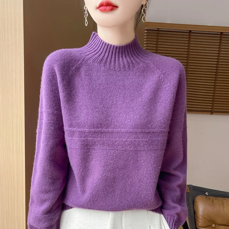 New Fashion Autumn And Winter Merino Wool Pullover Sweater Solid Color Long Sleeve Basic Thermal Top 100% Pure Wool SweaterWQ710