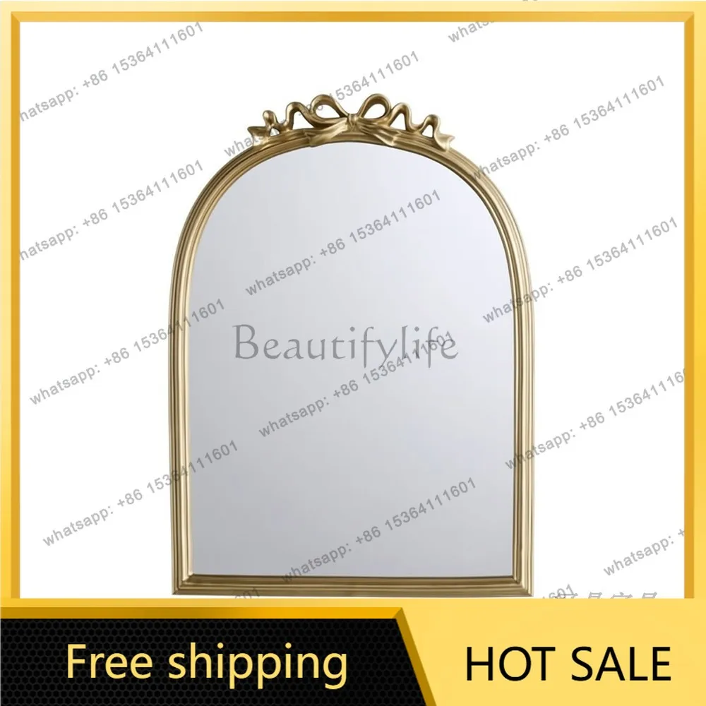 YJ American Retro Arch Wall Mirror Bow Decoration Mid‑Century Vanity Unit For Bedroom Dressing Table Hotel Bathroom Decor