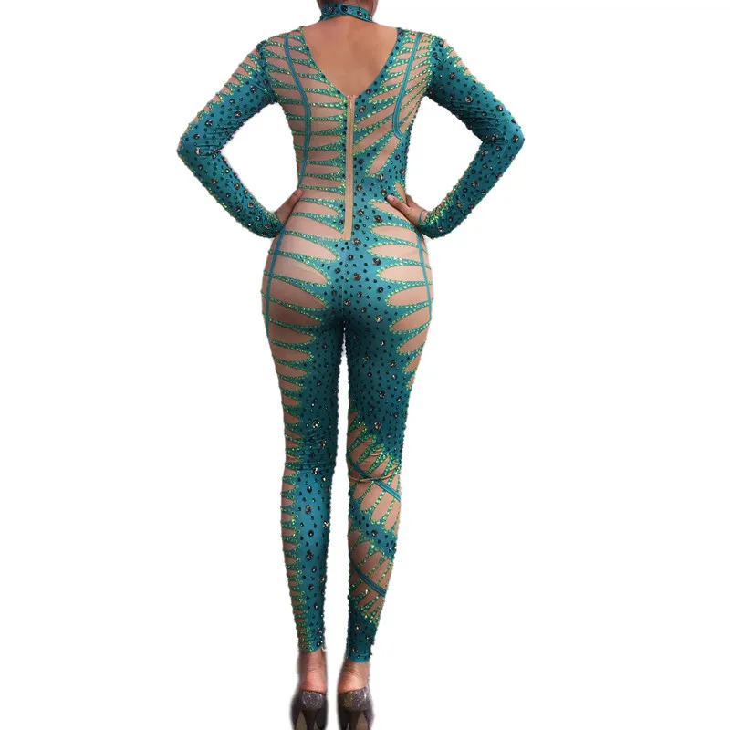 Combinaison moulante verte avec strass scintillants, Sexy, discothèque, Bar, spectacle de danse, Costume de fête, spectacle de chanteur, vêtements de scène