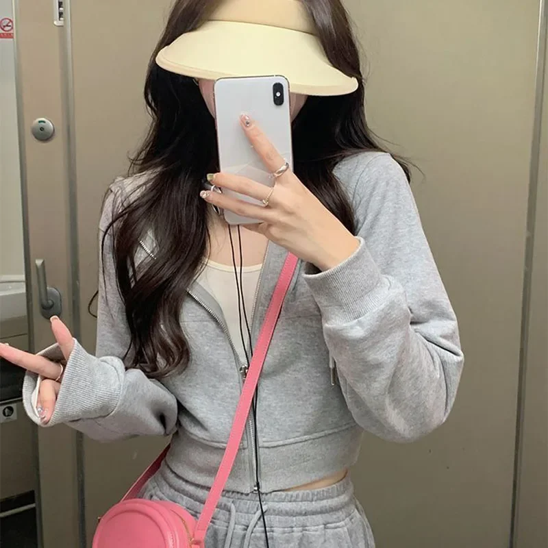 Gray Hooded Cropped Coats Women Spring Long Sleeve Thin Zip-Up Hoodie Ladies Casual 2024 Simple Slim All Match Jacket LU9