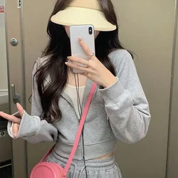 Gray Hooded Cropped Coats Women Spring Long Sleeve Thin Zip-Up Hoodie Ladies Casual 2024 Simple Slim All Match Jacket LU9