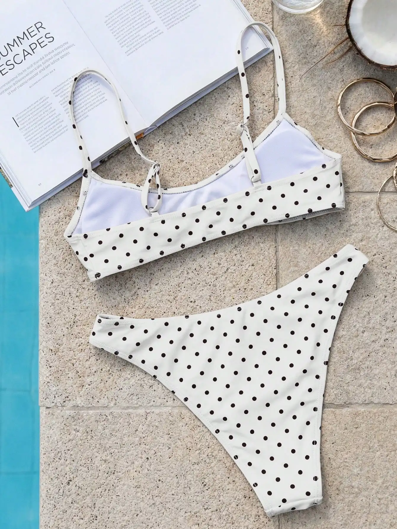 

White Black Polka Dot Adjustable Strap V-Neck Bikini Set For Women