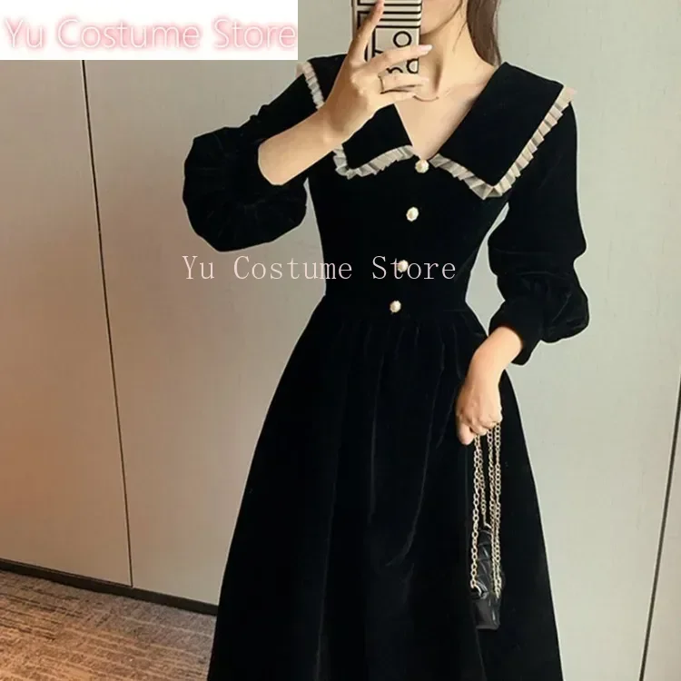 

Sweet Vintage Black Peter Pan Collar Dresses Autumn New Slim Waist Dress for Women Y2k E-Girl Long Sleeve Vestidos Yu Costume