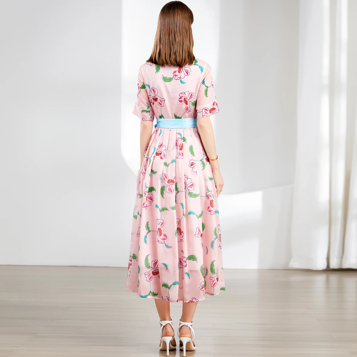 Elegante vestido estampado com flor rosa feminino, lapela feminina francesa, peito único, chiffon com renda, feriado Boho Midi, passarela de verão