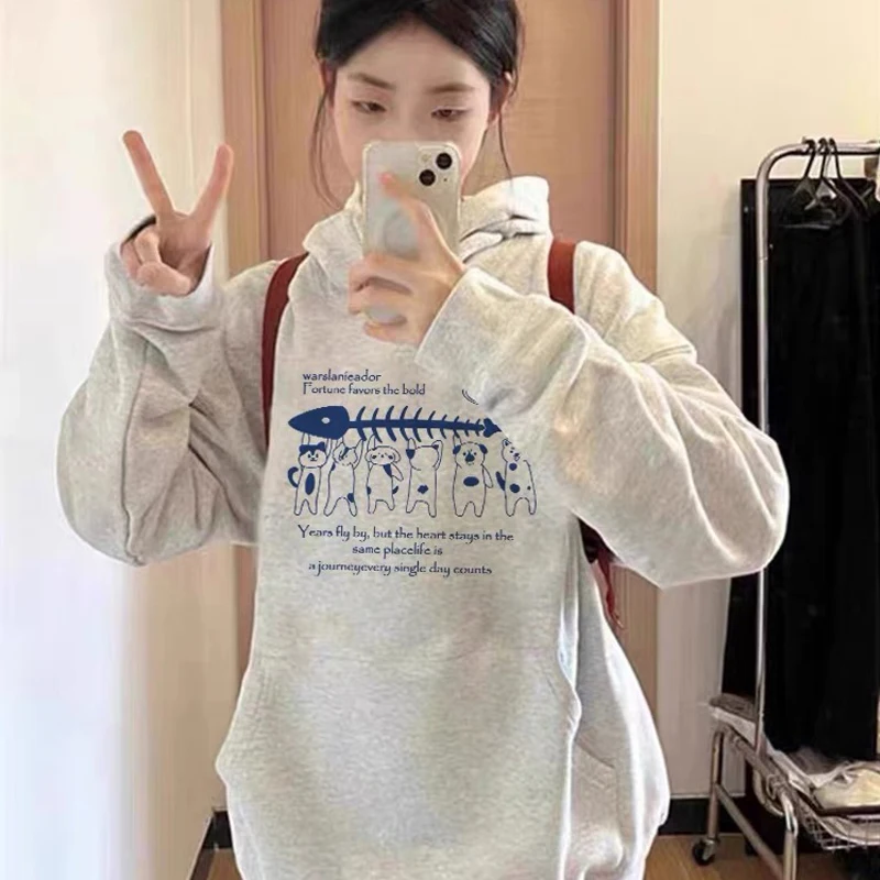 Korean Kawaii Cat Pattern Casual Oversize Hooded Sweatshirt for Women 2025 Winter Retro Velvet Oversize Women's Sweatshirt Y2k