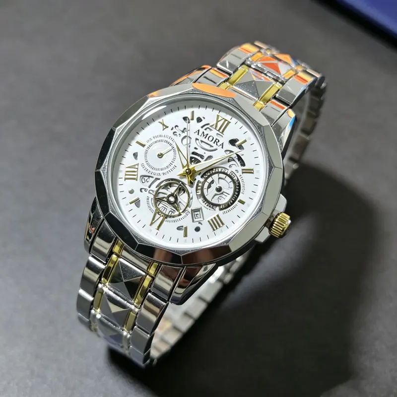 Original Hollowed-Out Design Men's Double Calendar Waterproof Luxurious Gold Wristwatch Simulating Business and Fashion Korean v