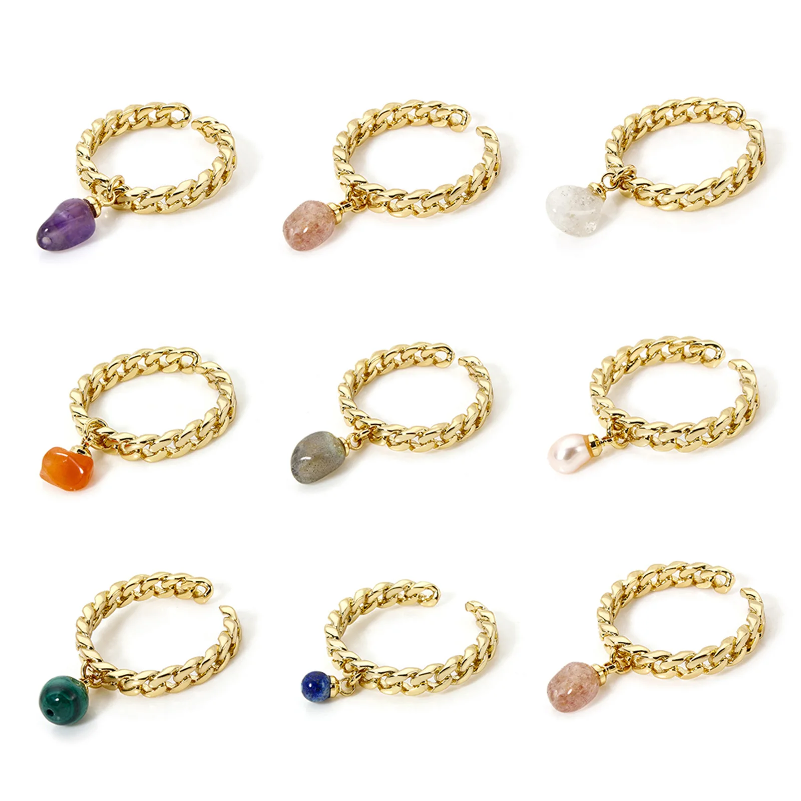 1pc Vintage Simple Rings 18K Gold Plated Brass & Gemstone Open Chip Beads Rings For Women Fashion Jewelry 17.3mm(US Size 7)