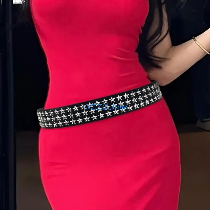 T21F ستار برشام رصع حزام للنساء الرجال العيينة الكبيرة حزام خصر غربي كل مطابقة بولي PU حزام من الجلد لسراويل الجينز #2