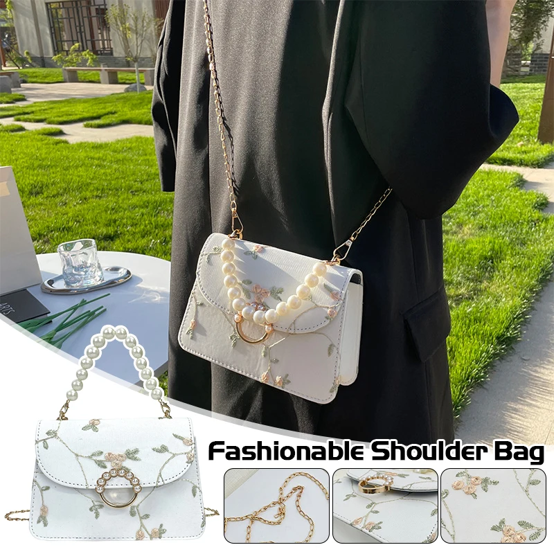 

Elegant Pearl Accent Shoulder Bag for Women - Chic Lace Chain & Synthetic Leather Crossbody Perfect Gift Outdoor Carrying