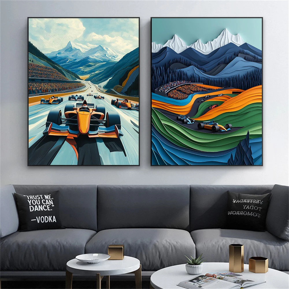 Formula 1 Racing Art Print Dynamic F1 Cars Speeding Through Mountainous Circuit Poster Motorsport Wall Decor Canvas Painting