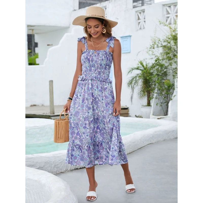 

Real Shot Spot Summer Rayon Sexy Sling Dress Bohemian Beach Holiday Dress