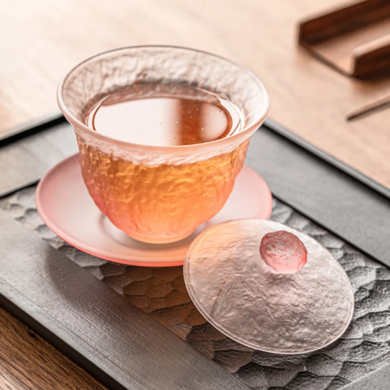 Glass Kung Fu Tea Set Gradient Pink Covered Bowl Tea Cup Non-Hot Frosted Tea Brewing Set view 3
