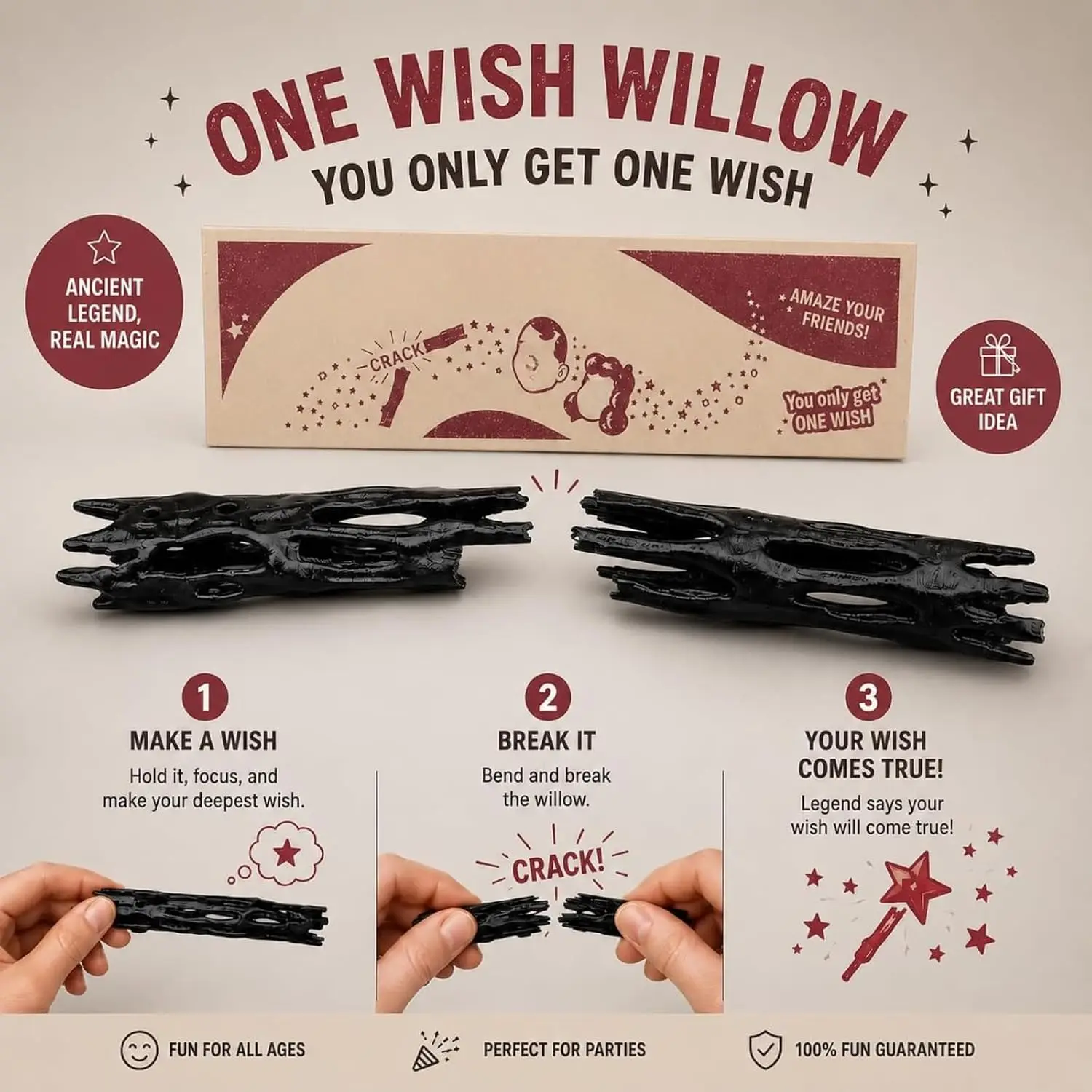 3D Printed One Wish Willow Stick with Box Black Willow Wood Wishing Stick Multi-Purpose Wish-Making Snap Sticks Gift for Friends