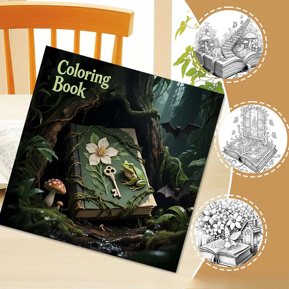 Mystic Enchanted Forest Coloring Book Vintage Magic Book Frog Red Spotted Mushroom Bat Dark Mossy Wood Witchy Sketch Notebook view 4