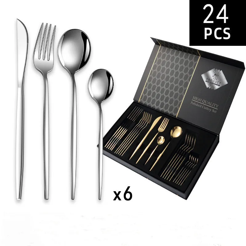 

Stainless Steel Tableware, Thin Portuguese Steak Knife, Fork and Spoon Suit, Gift Box, 24Golden Plated