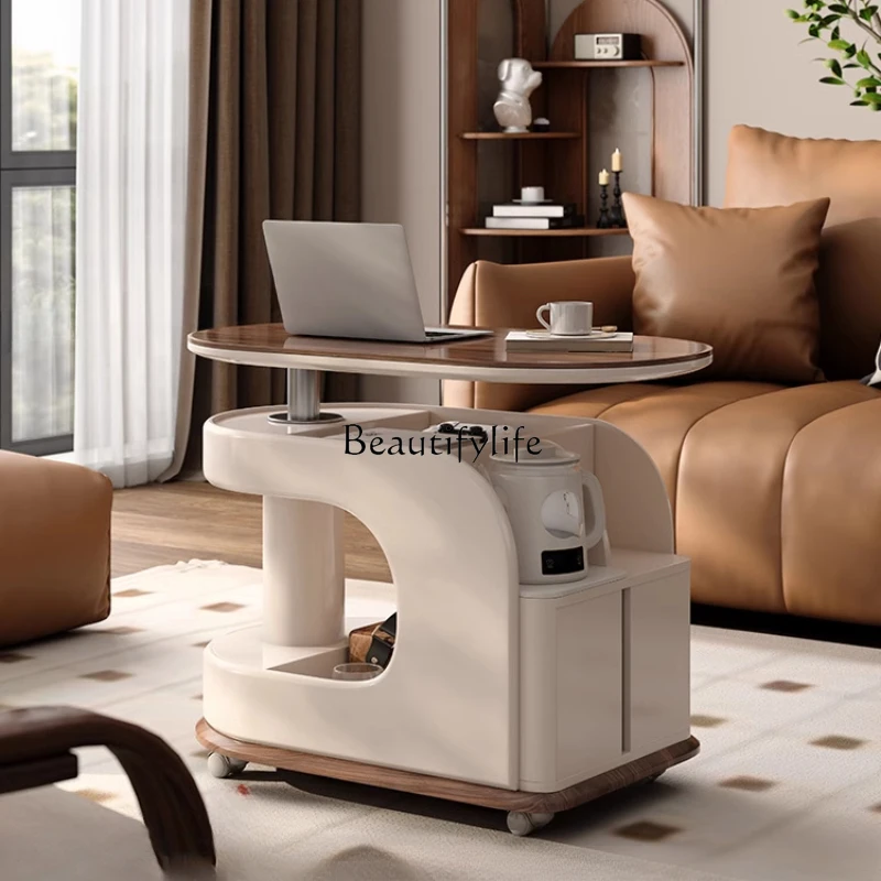 Solid Wood Portable Coffee Table Small Apartment Modern Light Luxury Lifting Trolley Side Table