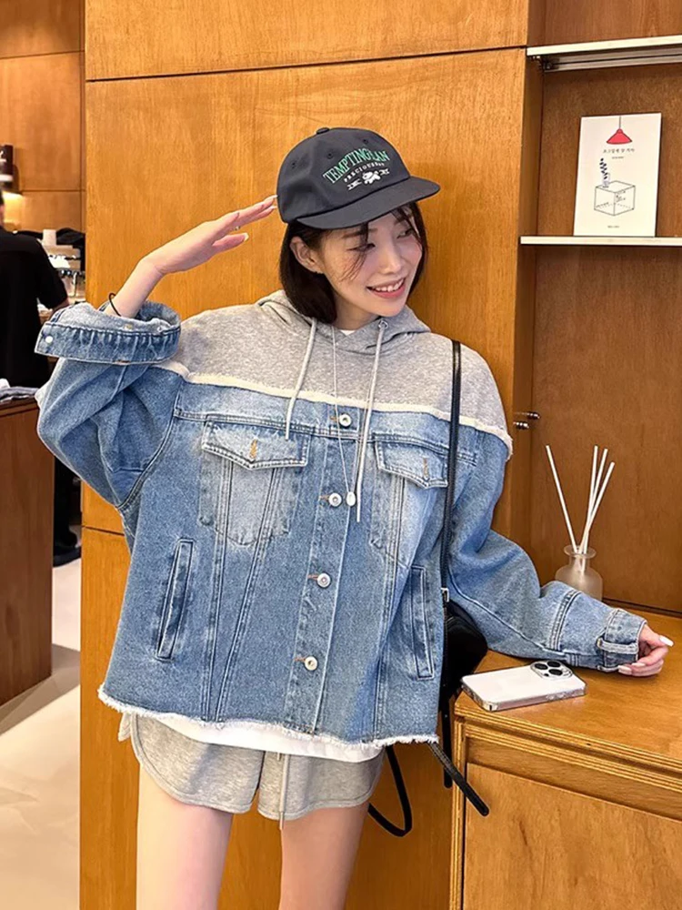 

Chic Autumnal Oversized Hooded Denim Jaet with Fringe Long Sve for Women in Trending Color Blo Design Commuter Sle