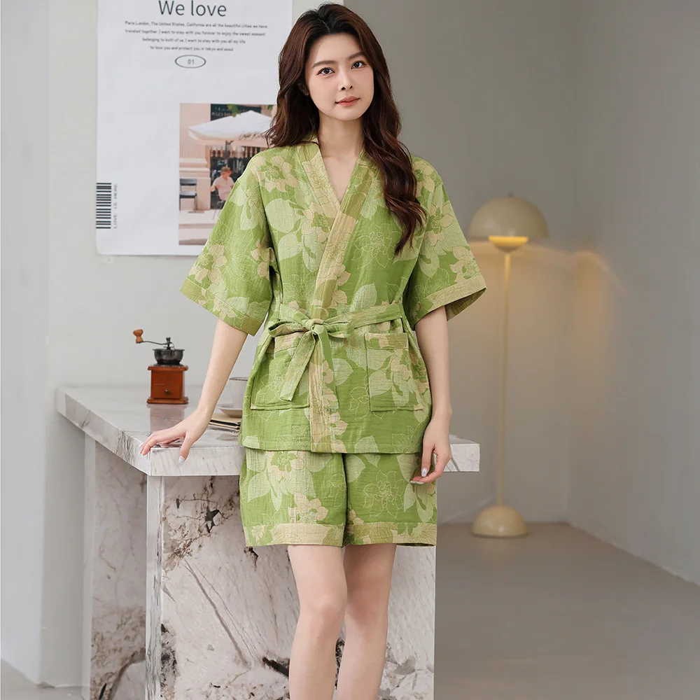 Pajama Cotton Double-layer Yarn Jacquard Sweat Steam Clothes Hotel Bathrobe Physiotherapy Clothes with Shorts Pajamas for Women